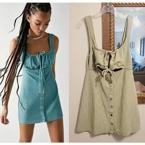 NEW Free People FP Beach Olivia Ribbed Mini Dress Sage Green Keyhole Tie Button